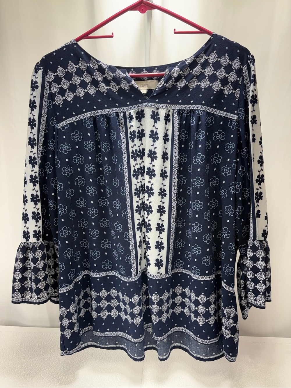 LOFT Navy and White Mixed-Print Peasant Blouse 4384